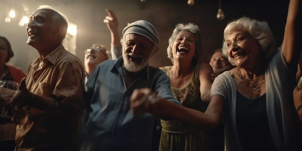 Seniors dancing at a live music event with big smiles, raised arms.